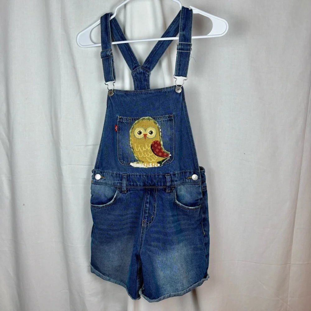 Levi's Light‎ Blue Denim Shortall Girls 16 Hand crafted Appliqué Owl on Bib